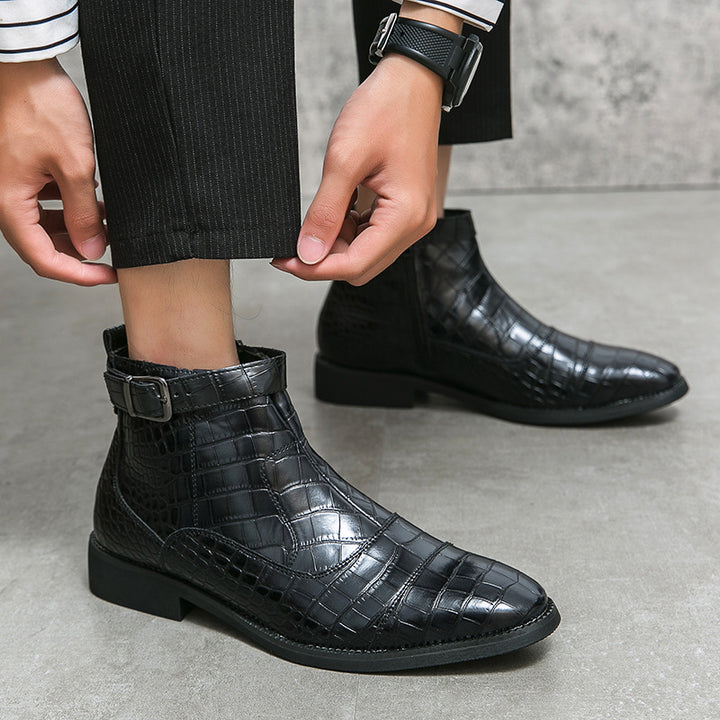 Men's Alligator Pattern Ankle Boots with Buckle