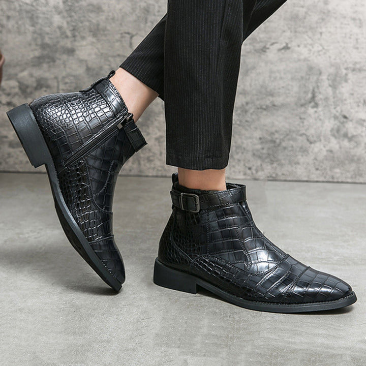 black Men's Alligator Pattern Ankle Boots with Buckle