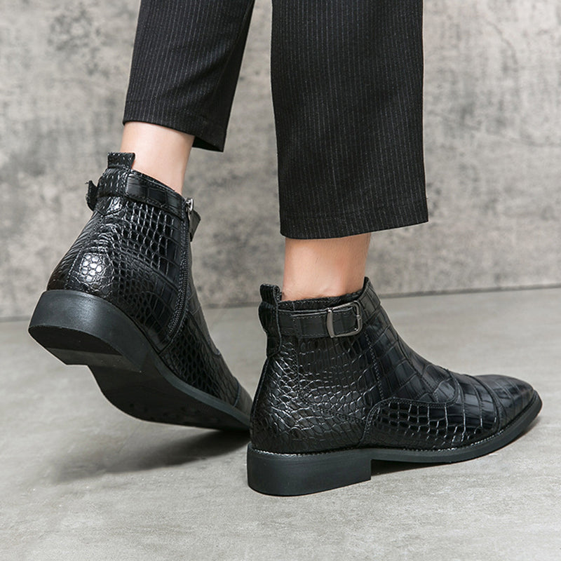 black Men's Alligator Pattern Ankle Boots with Buckle