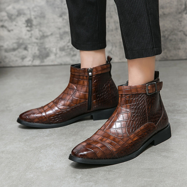 brown Men's Alligator Pattern Ankle Boots with Buckle