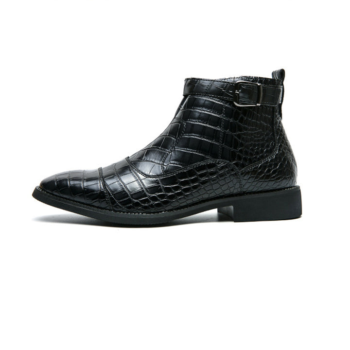black Men's Alligator Pattern Ankle Boots with Buckle