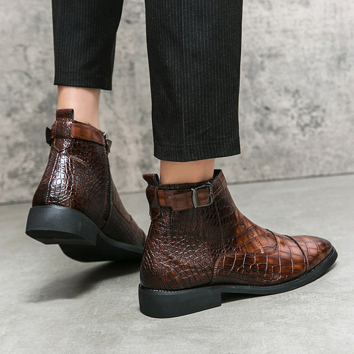 brown Men's Alligator Pattern Ankle Boots with Buckle