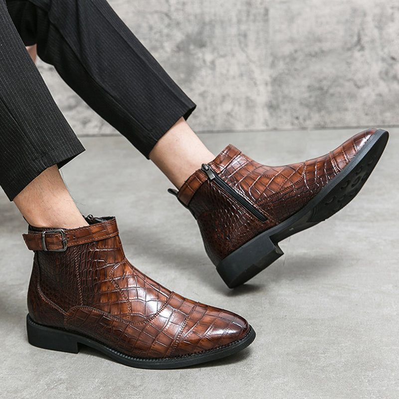 brown Men's Alligator Pattern Ankle Boots with Buckle