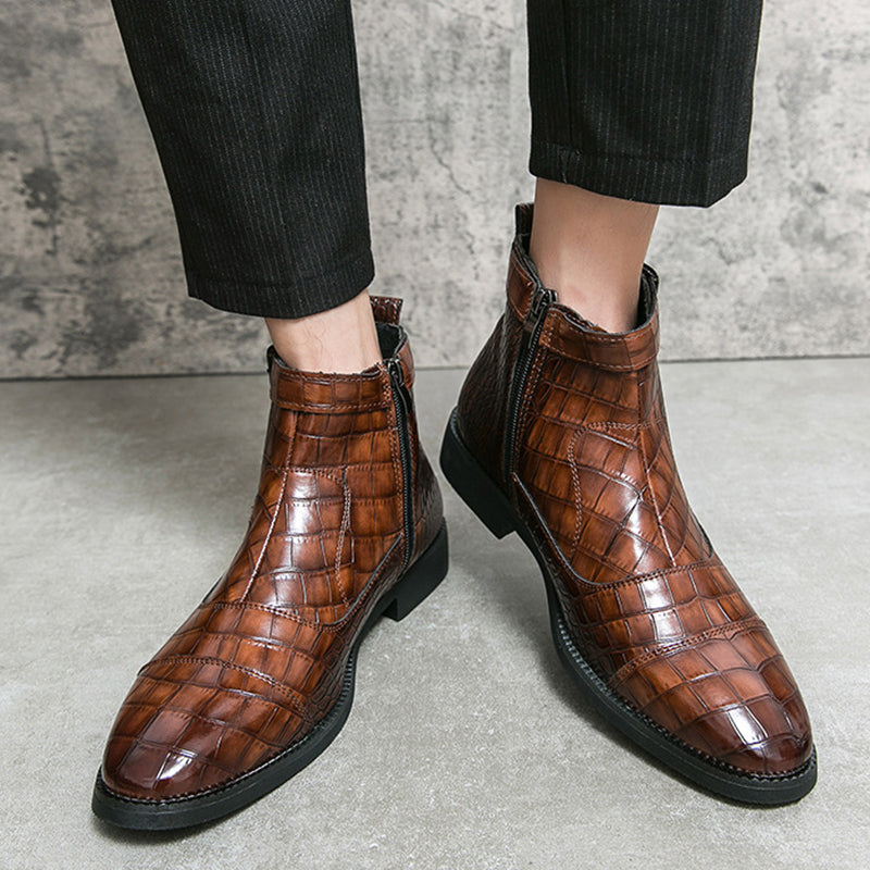 Men's Alligator Pattern Ankle Boots with Buckle
