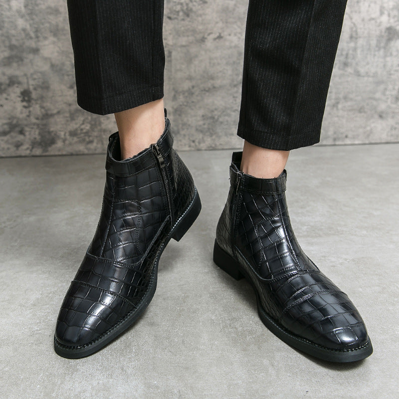 black Men's Alligator Pattern Ankle Boots with Buckle