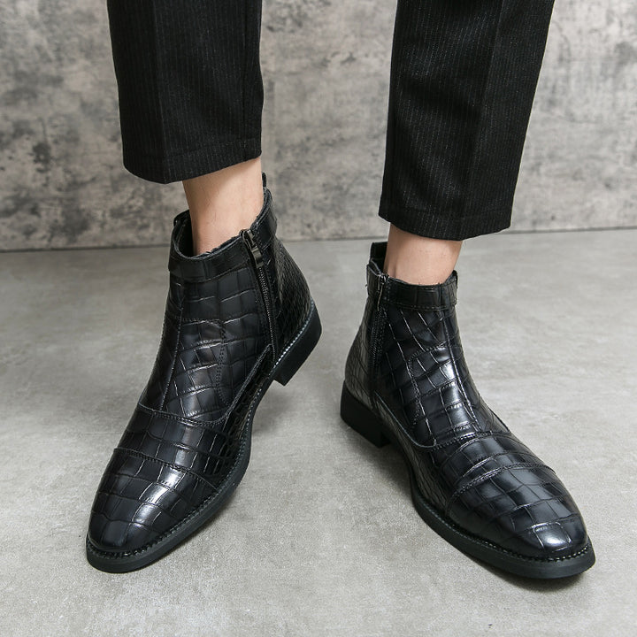 black Men's Alligator Pattern Ankle Boots with Buckle