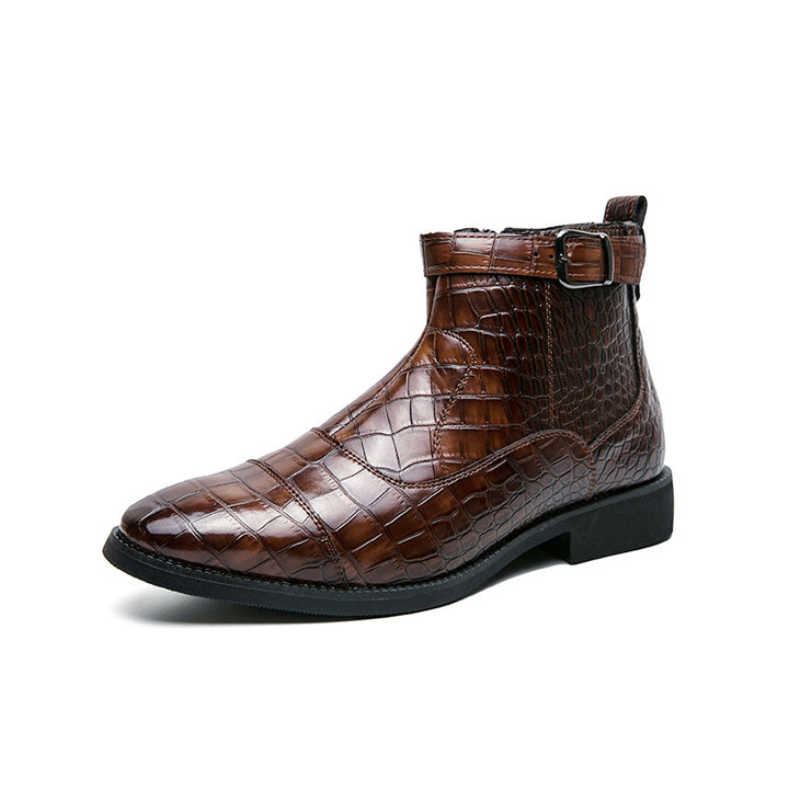 brown Men's Alligator Pattern Ankle Boots with Buckle