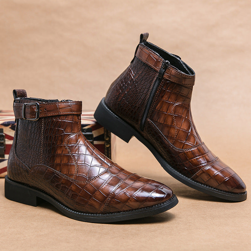 brown Men's Alligator Pattern Ankle Boots with Buckle