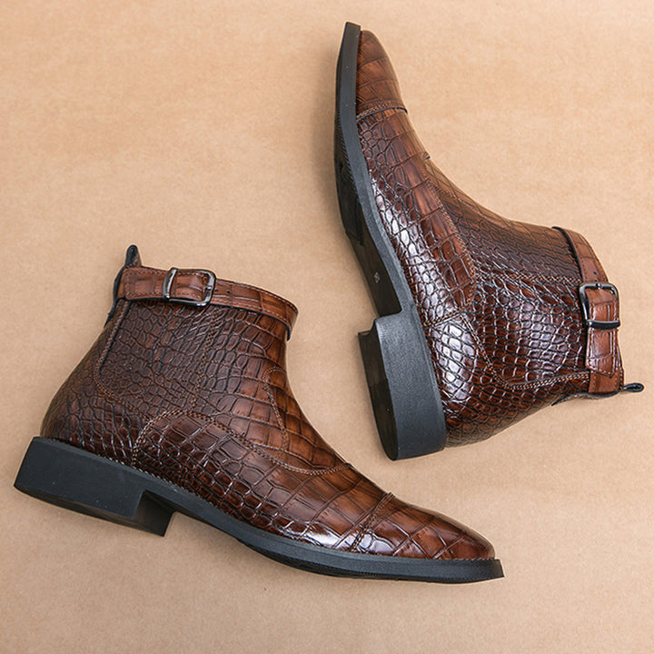 brown Men's Alligator Pattern Ankle Boots with Buckle