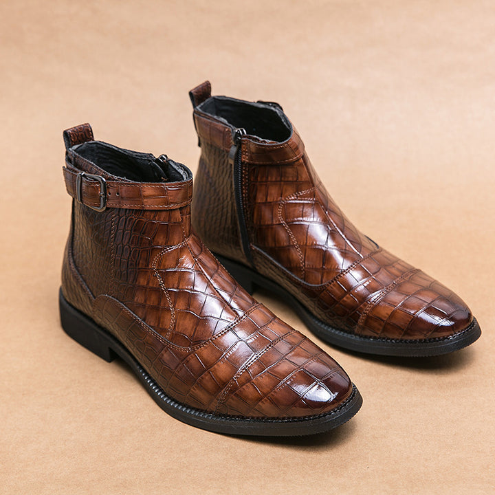 brown Men's Alligator Pattern Ankle Boots with Buckle