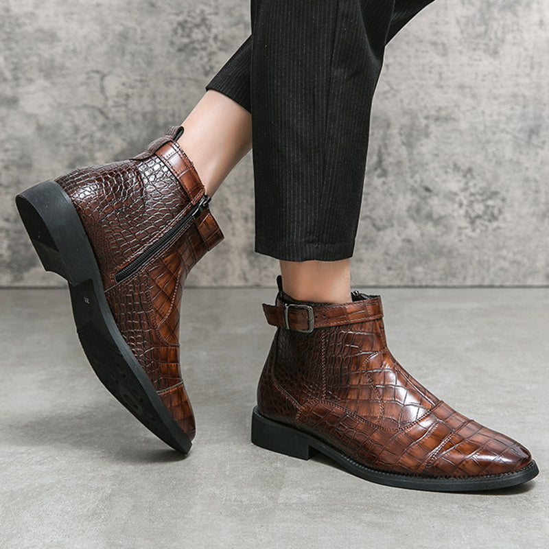 brown Men's Alligator Pattern Ankle Boots with Buckle