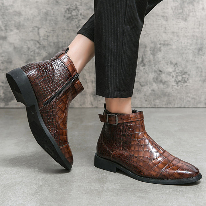 brown Men's Alligator Pattern Ankle Boots with Buckle
