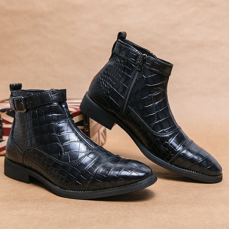 black Men's Alligator Pattern Ankle Boots with Buckle