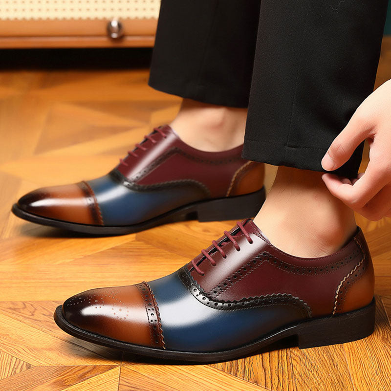 blue Men’s Colorblock Cap-Toe Brogue Dress Shoes
