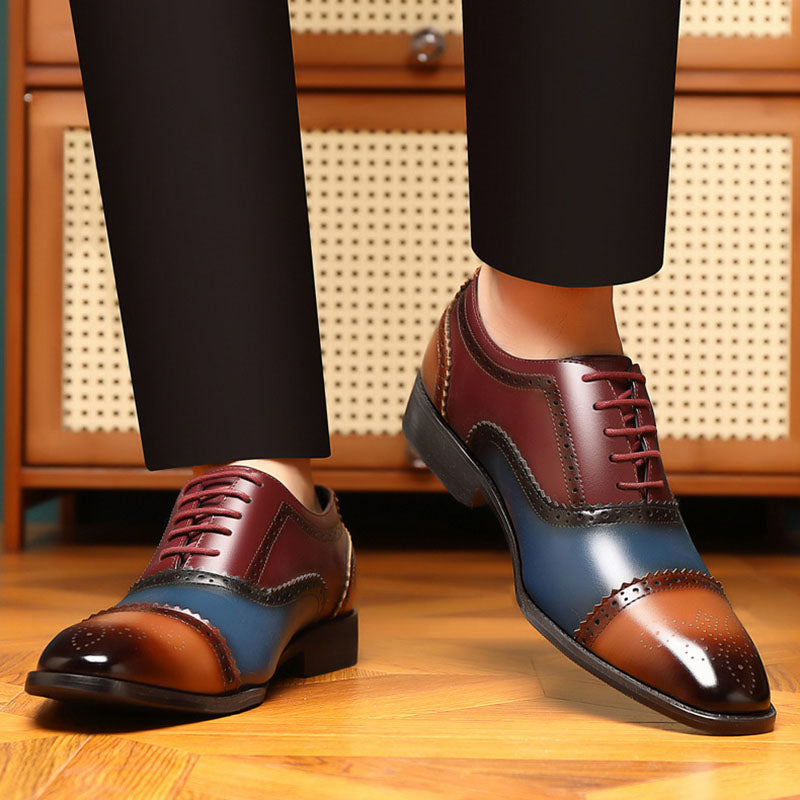blue Men’s Colorblock Cap-Toe Brogue Dress Shoes