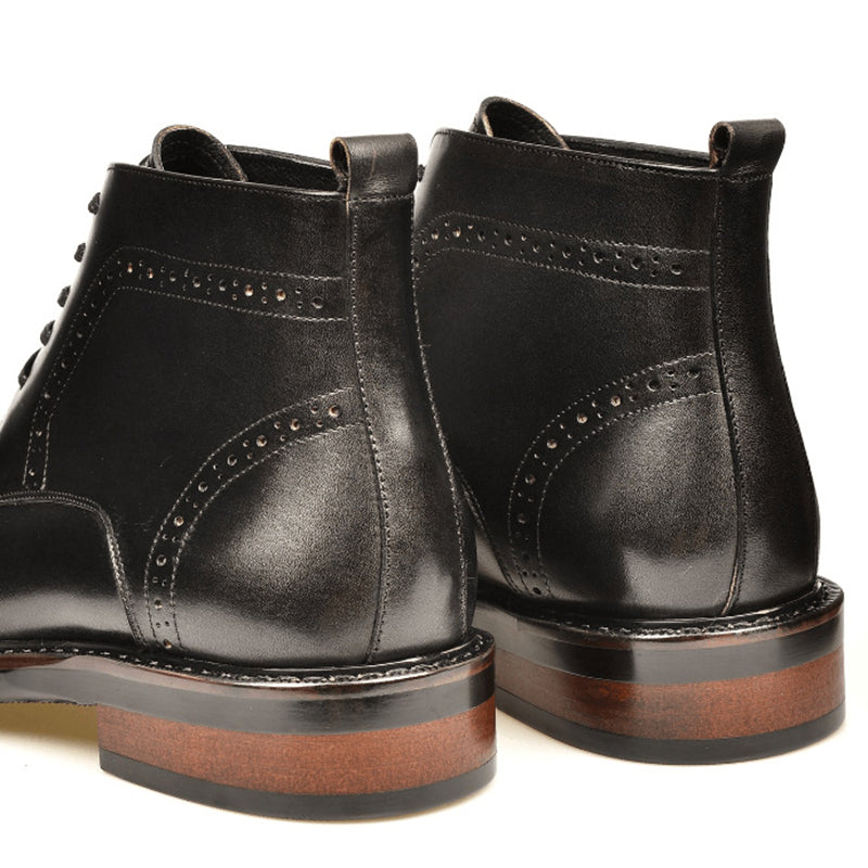 black Men's Leather Brogue Lace-up Booties