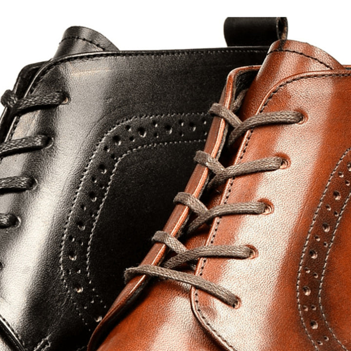 black Men's Leather Brogue Lace-up Booties