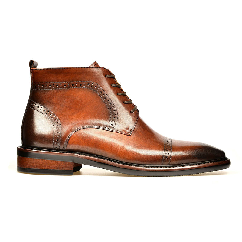 brown Men's Leather Brogue Lace-up Booties