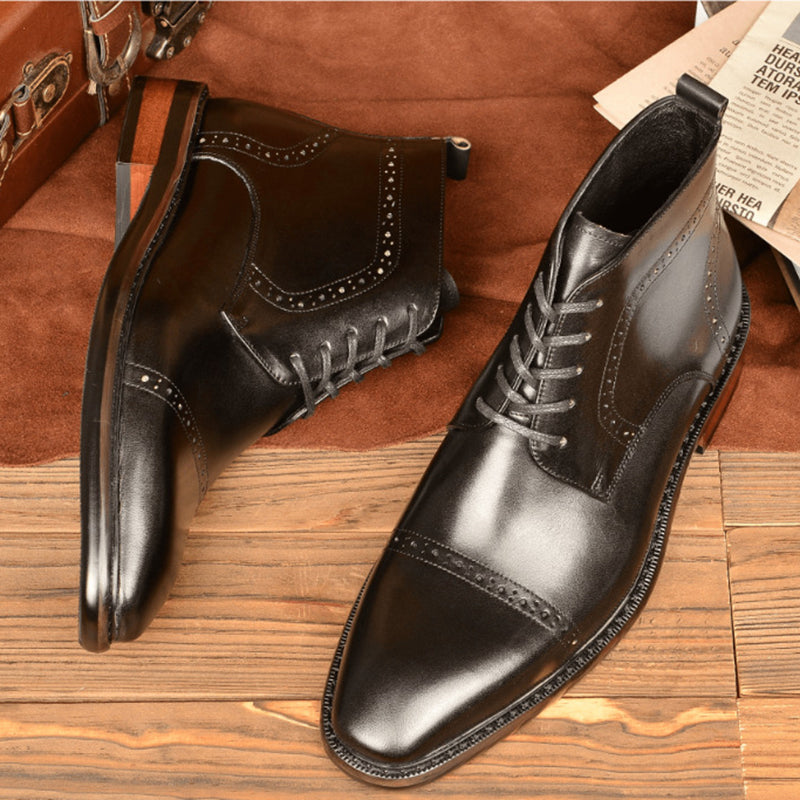 black Men's Leather Brogue Lace-up Booties
