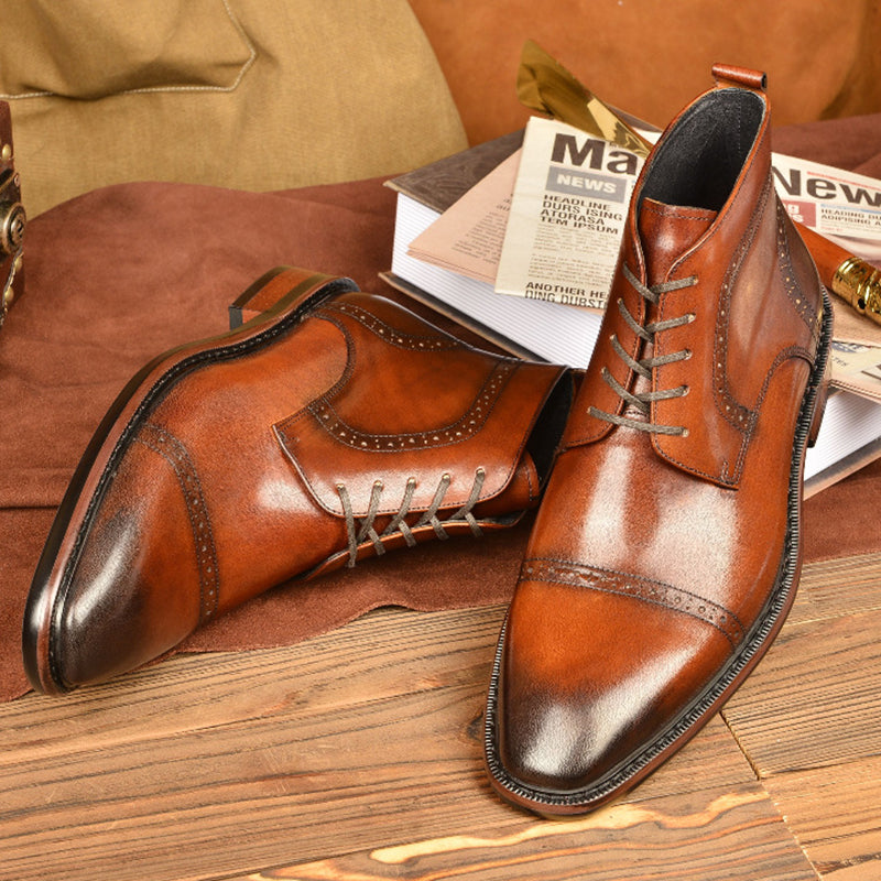 brown Men's Leather Brogue Lace-up Booties