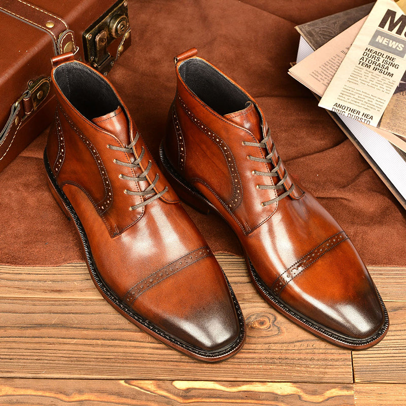 brown Men's Leather Brogue Lace-up Booties