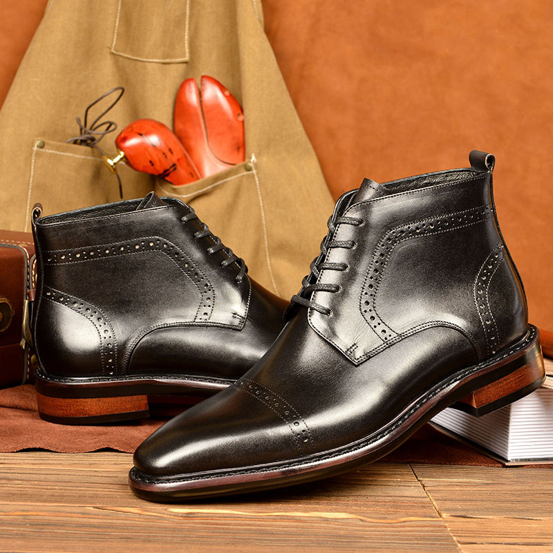 black Men's Leather Brogue Lace-up Booties