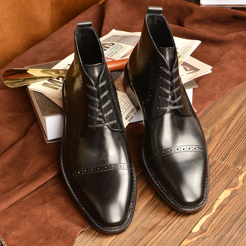 black Men's Leather Brogue Lace-up Booties