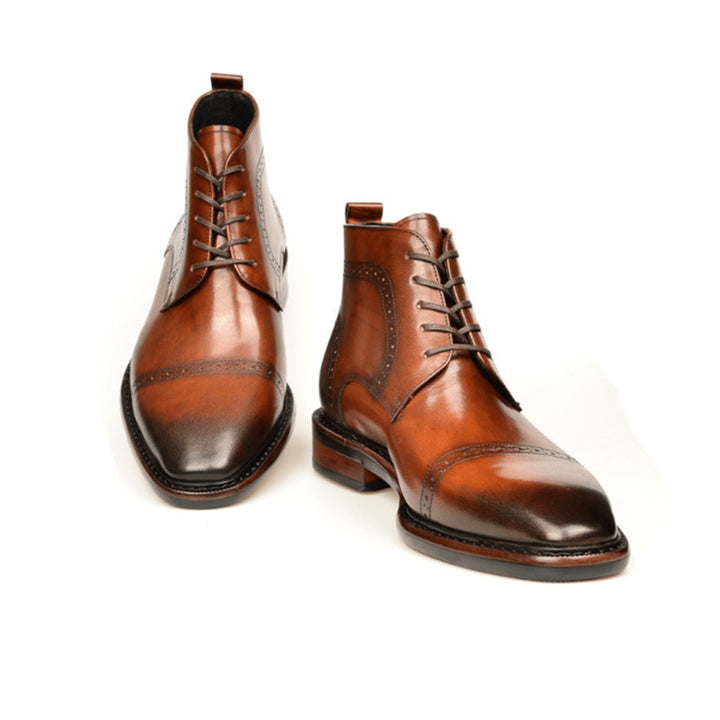 brown Men's Leather Brogue Lace-up Booties