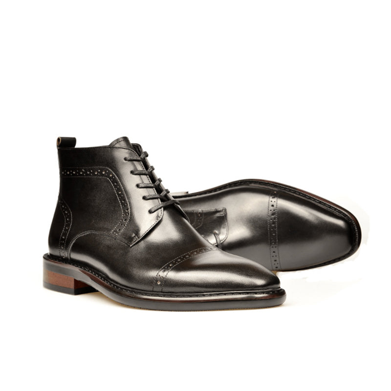 black Men's Leather Brogue Lace-up Booties