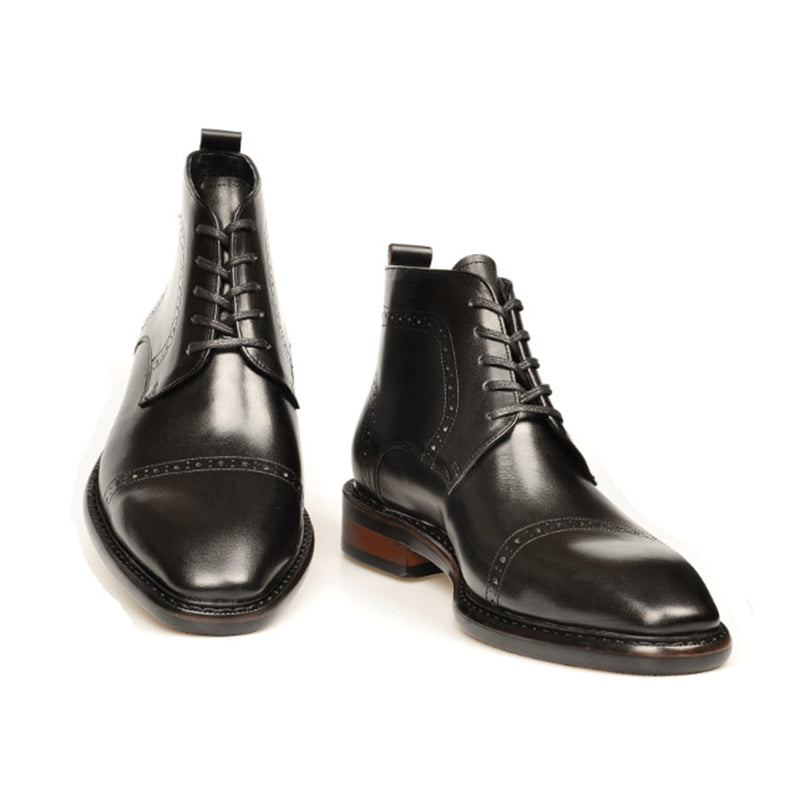 black Men's Leather Brogue Lace-up Booties