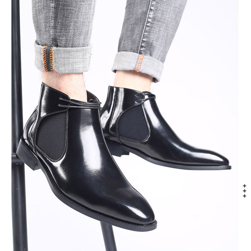 black Men's PU patent leather elastic chelsea boots