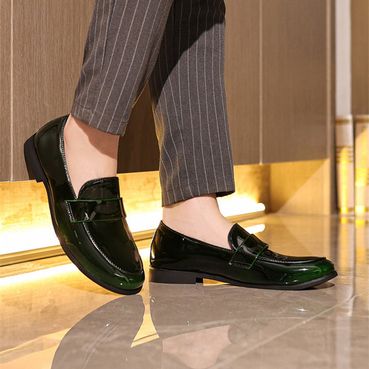 green Men's PU patent leather slip-on loafers