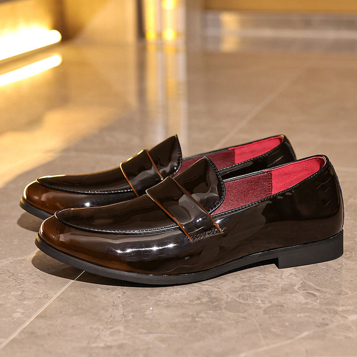brown Men's PU patent leather slip-on loafers