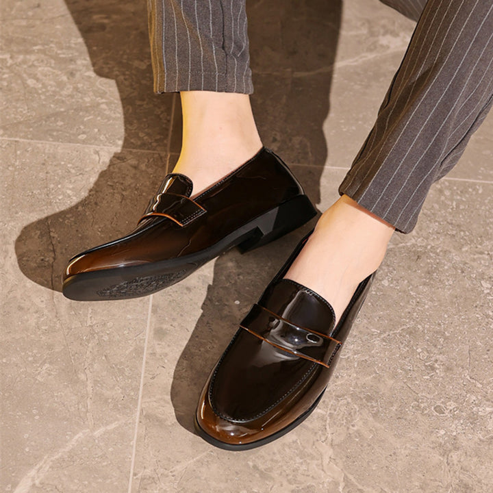 brown Men's PU patent leather slip-on loafers