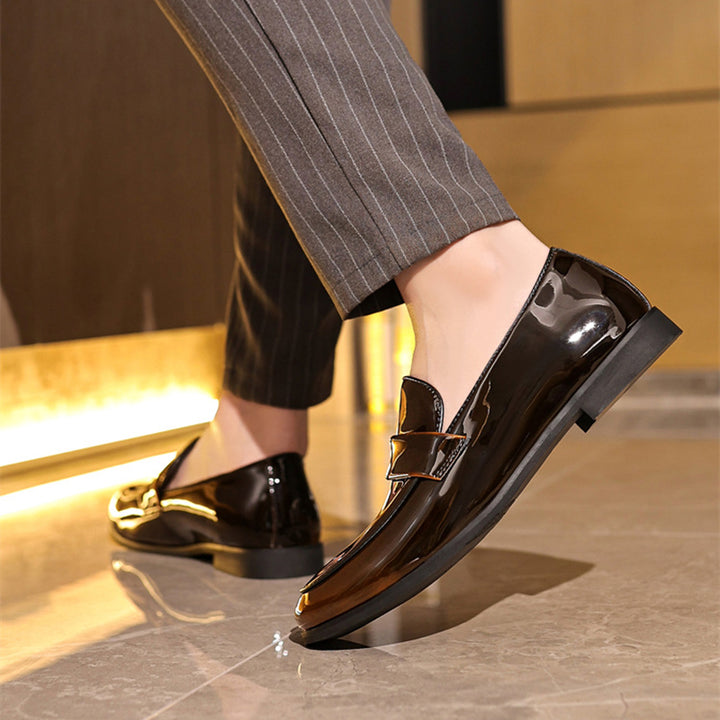 brown Men's PU patent leather slip-on loafers