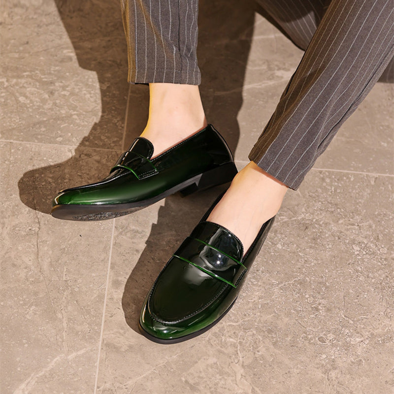 green Men's PU patent leather slip-on loafers