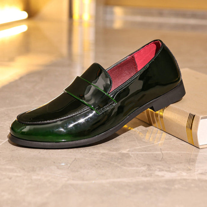 green Men's PU patent leather slip-on loafers
