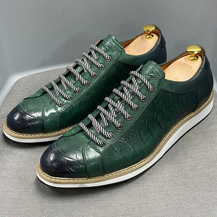 green Men's Premium Leather Croc-Embossed Casual Sneakers