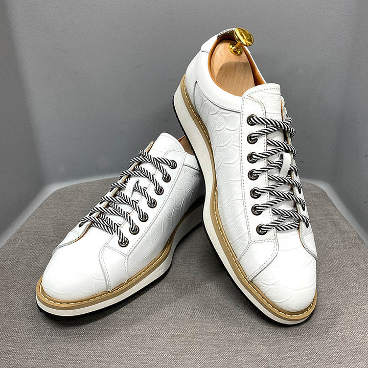 white Men's Premium Leather Croc-Embossed Casual Sneakers