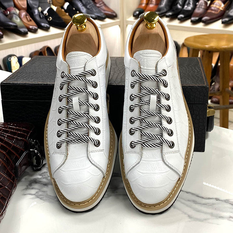 white Men's Premium Leather Croc-Embossed Casual Sneakers