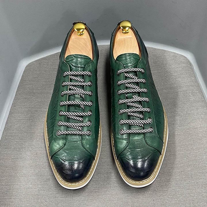green Men's Premium Leather Croc-Embossed Casual Sneakers