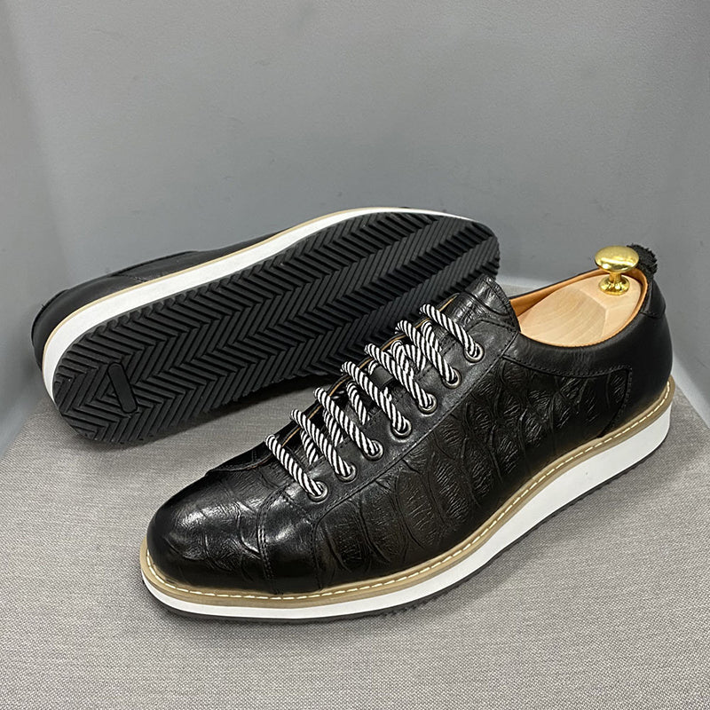 black Men's Premium Leather Croc-Embossed Casual Sneakers