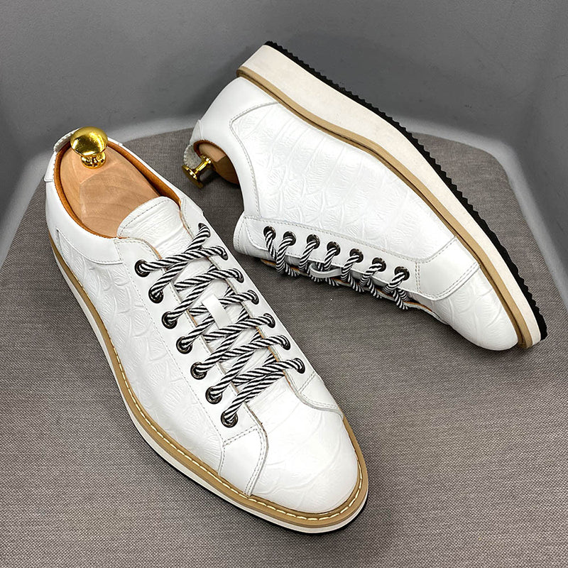 white Men's Premium Leather Croc-Embossed Casual Sneakers