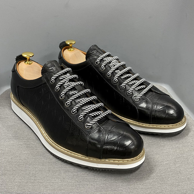black Men's Premium Leather Croc-Embossed Casual Sneakers
