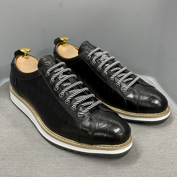 black Men's Premium Leather Croc-Embossed Casual Sneakers