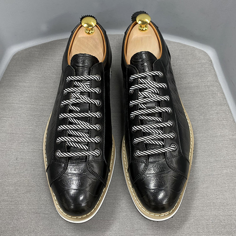black Men's Premium Leather Croc-Embossed Casual Sneakers