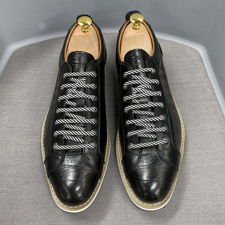 black Men's Premium Leather Croc-Embossed Casual Sneakers