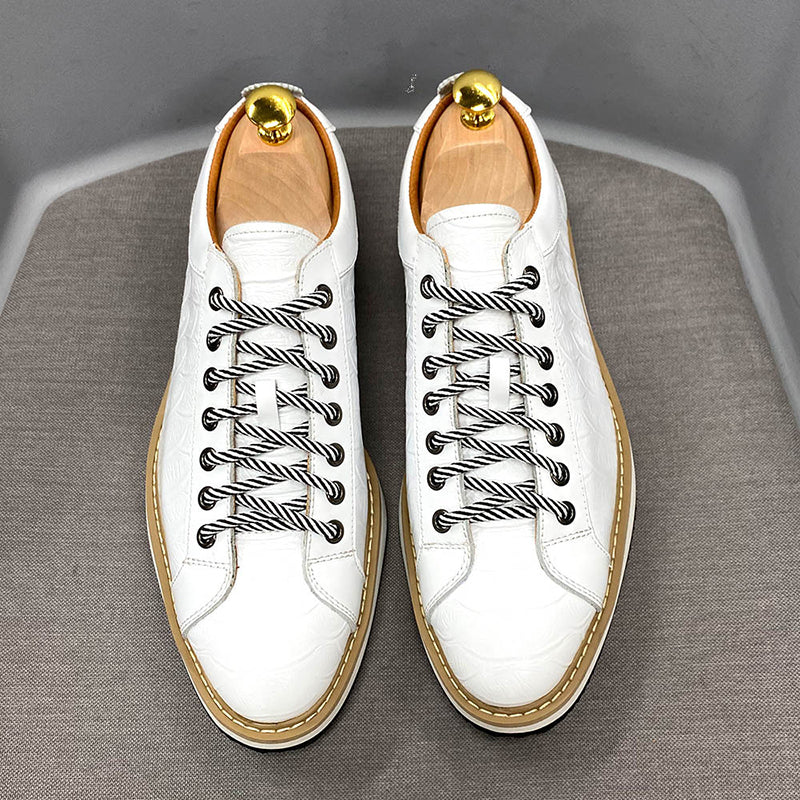 white Men's Premium Leather Croc-Embossed Casual Sneakers