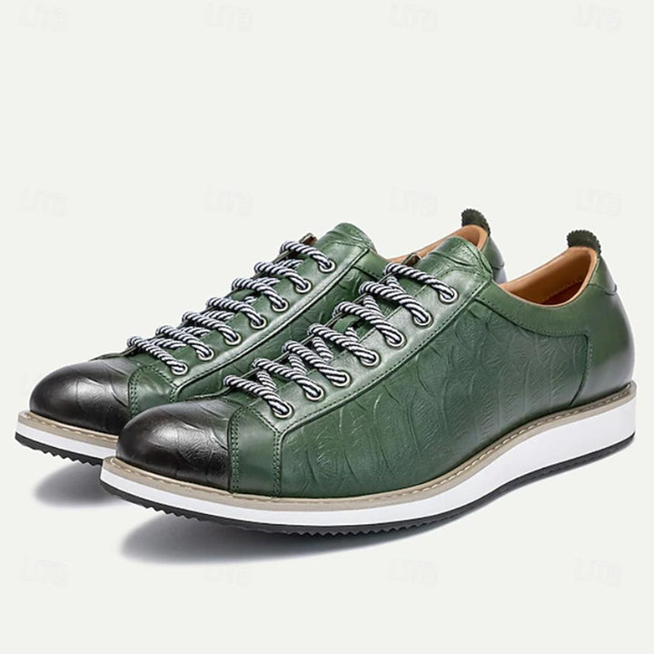 green Men's Premium Leather Croc-Embossed Casual Sneakers