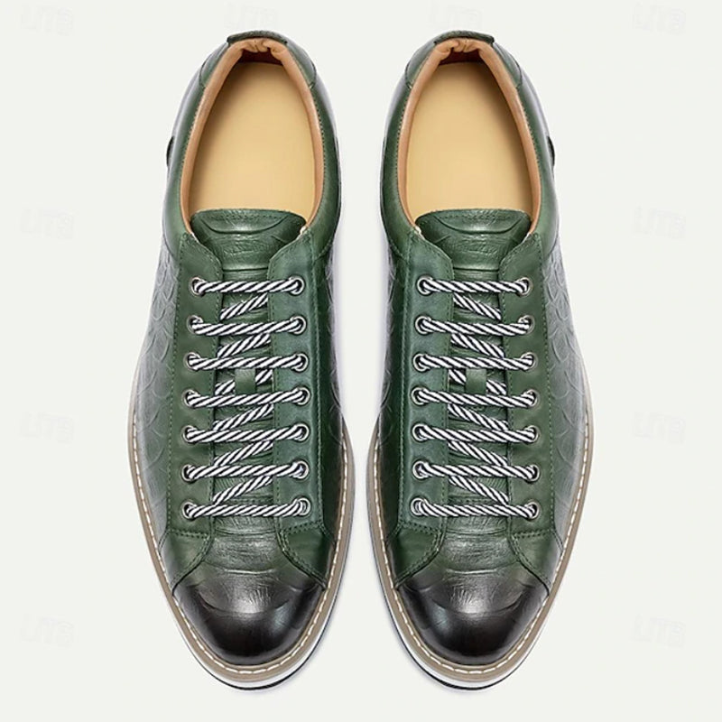 green Men's Premium Leather Croc-Embossed Casual Sneakers